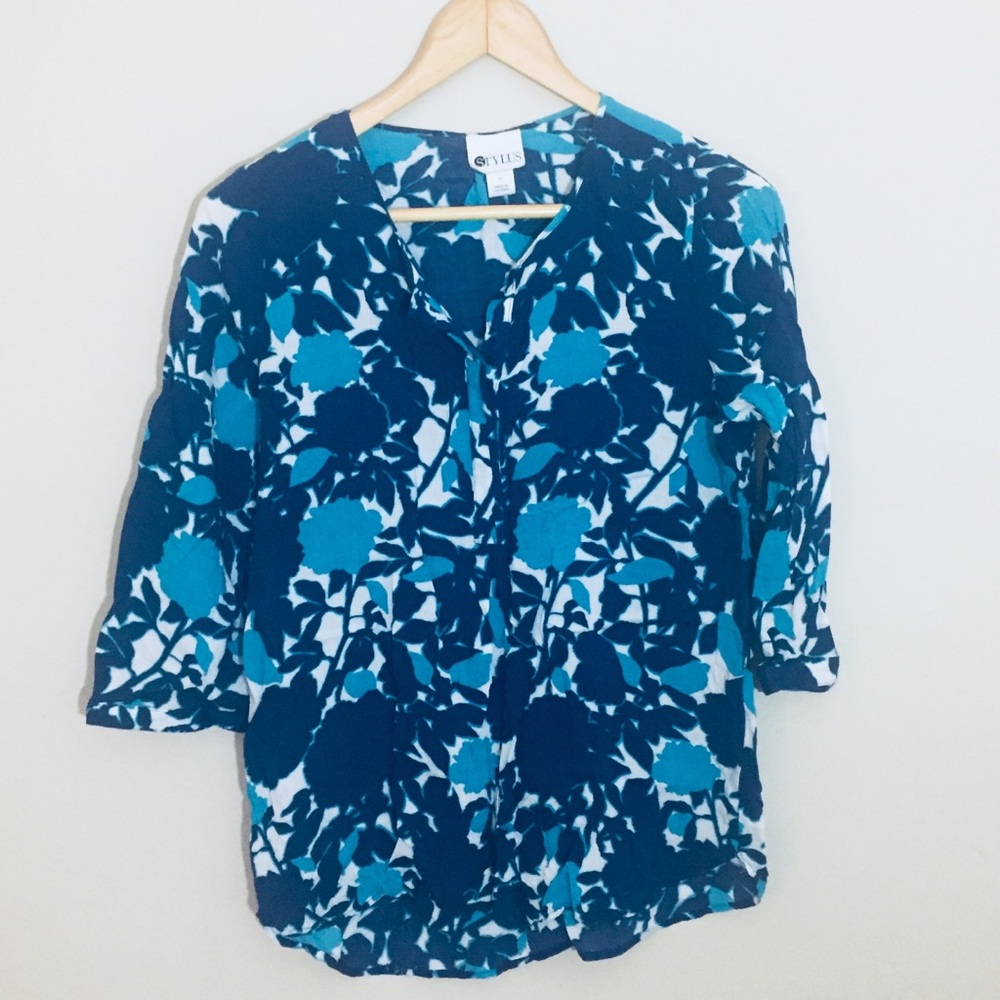 Stylus Floral Popover Blouse Teal Navy Blue White Print Small Flowers Top